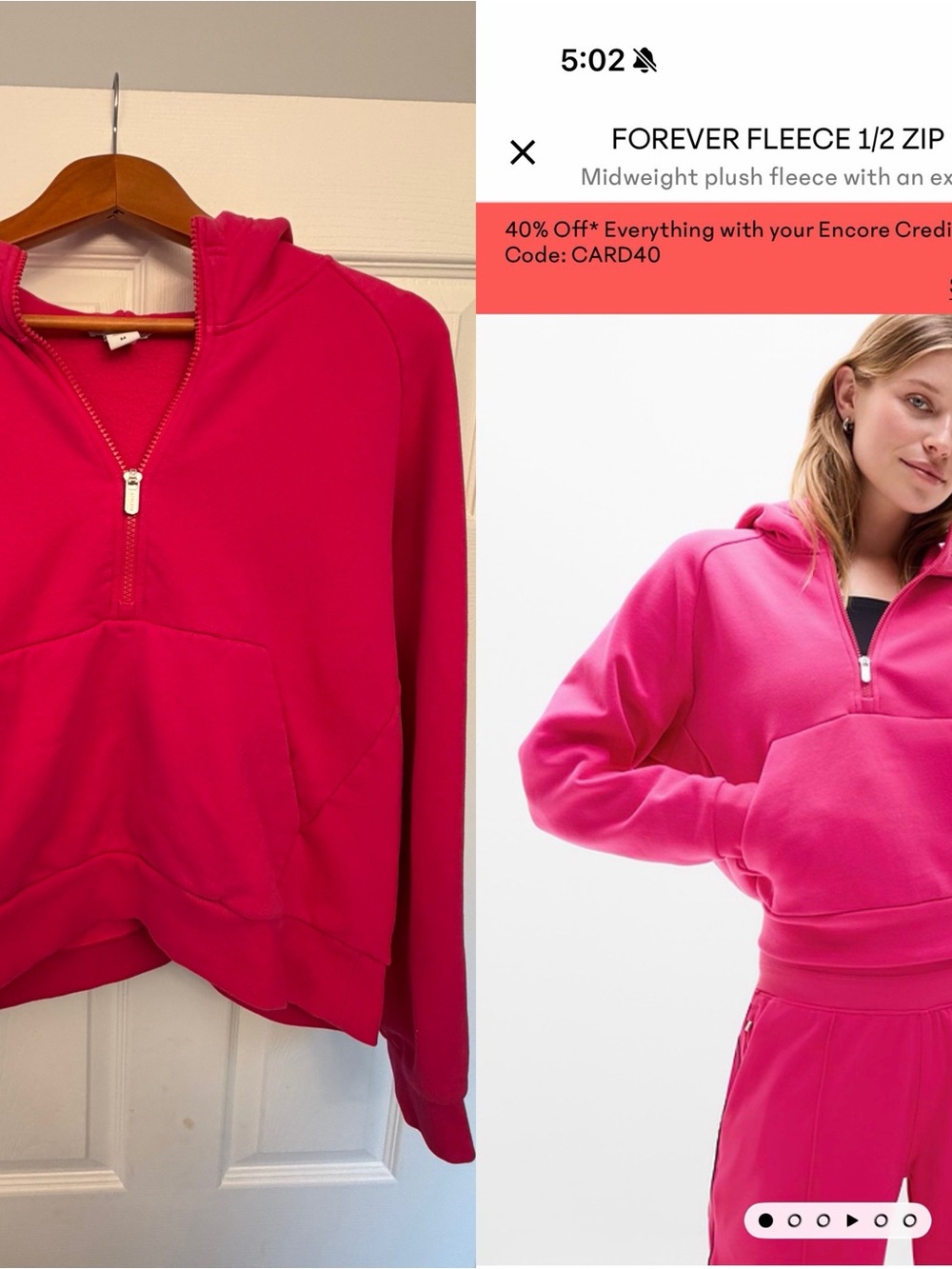 Athleta 1/2 Zip Midweight Plush Fleece Hoodie - Hot Pink